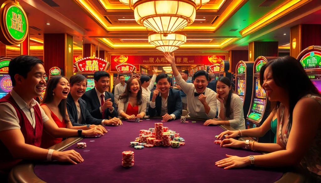 Excited players engaging with the "nổ hũ" slot machines in a luxurious casino setting.