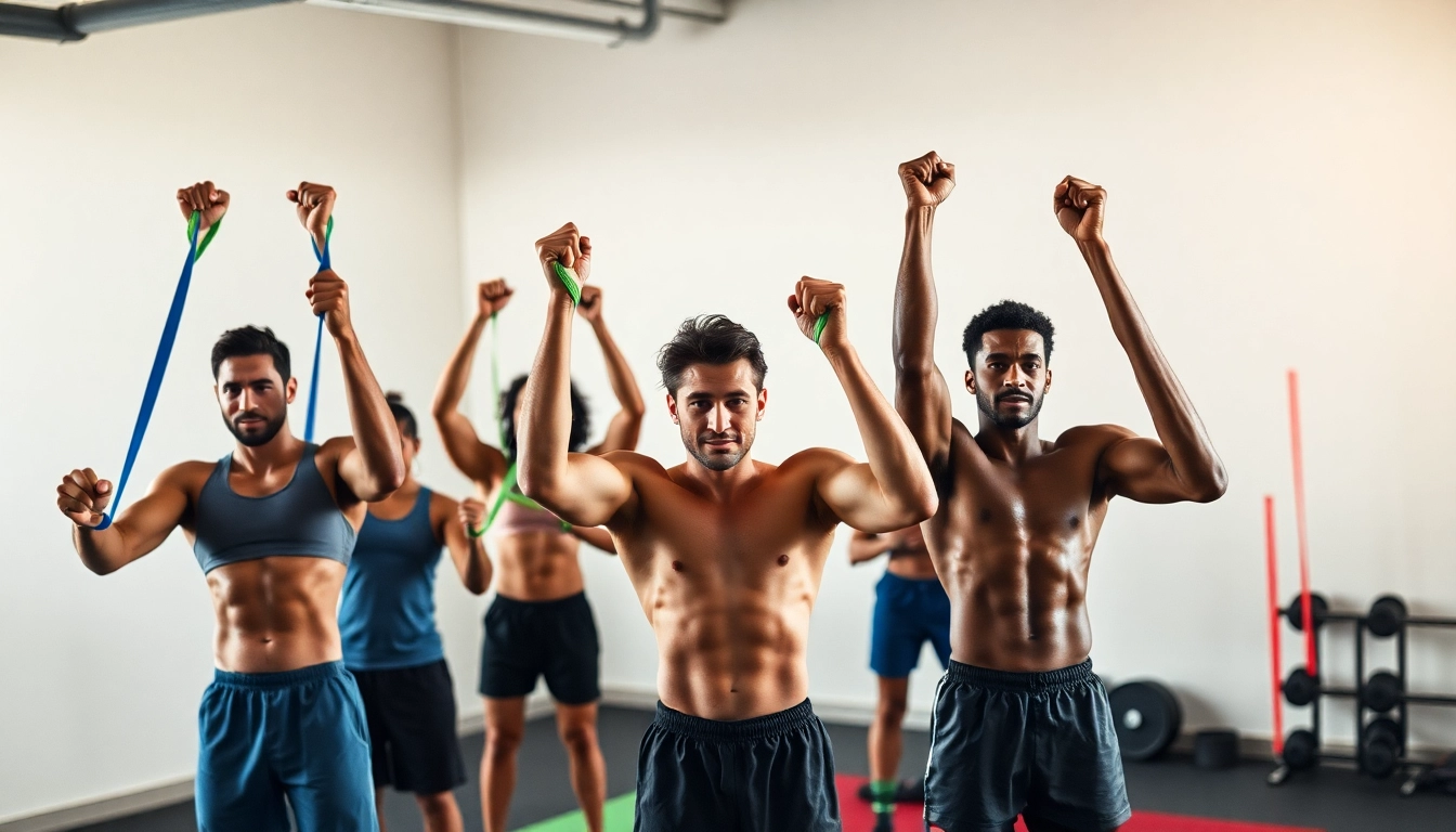 Resistance bands for pull-ups used by diverse athletes in a vibrant gym setting.