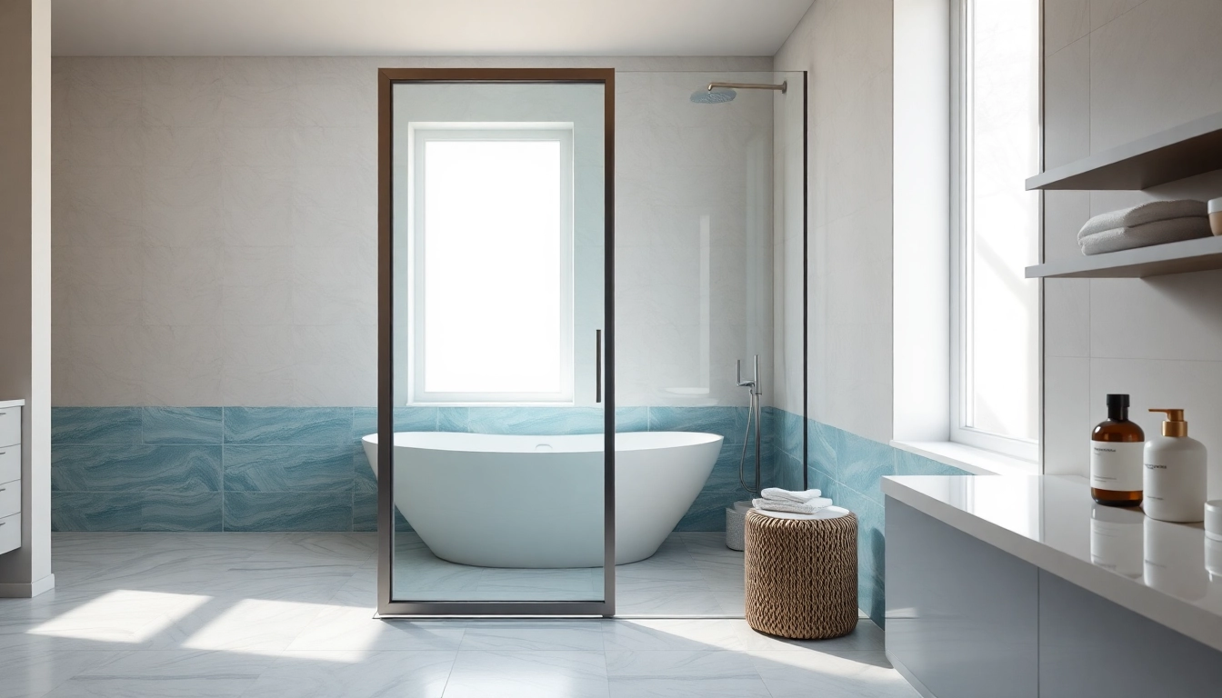 Showcase of a modern shower screen door in a luxurious bathroom setting with elegant design.