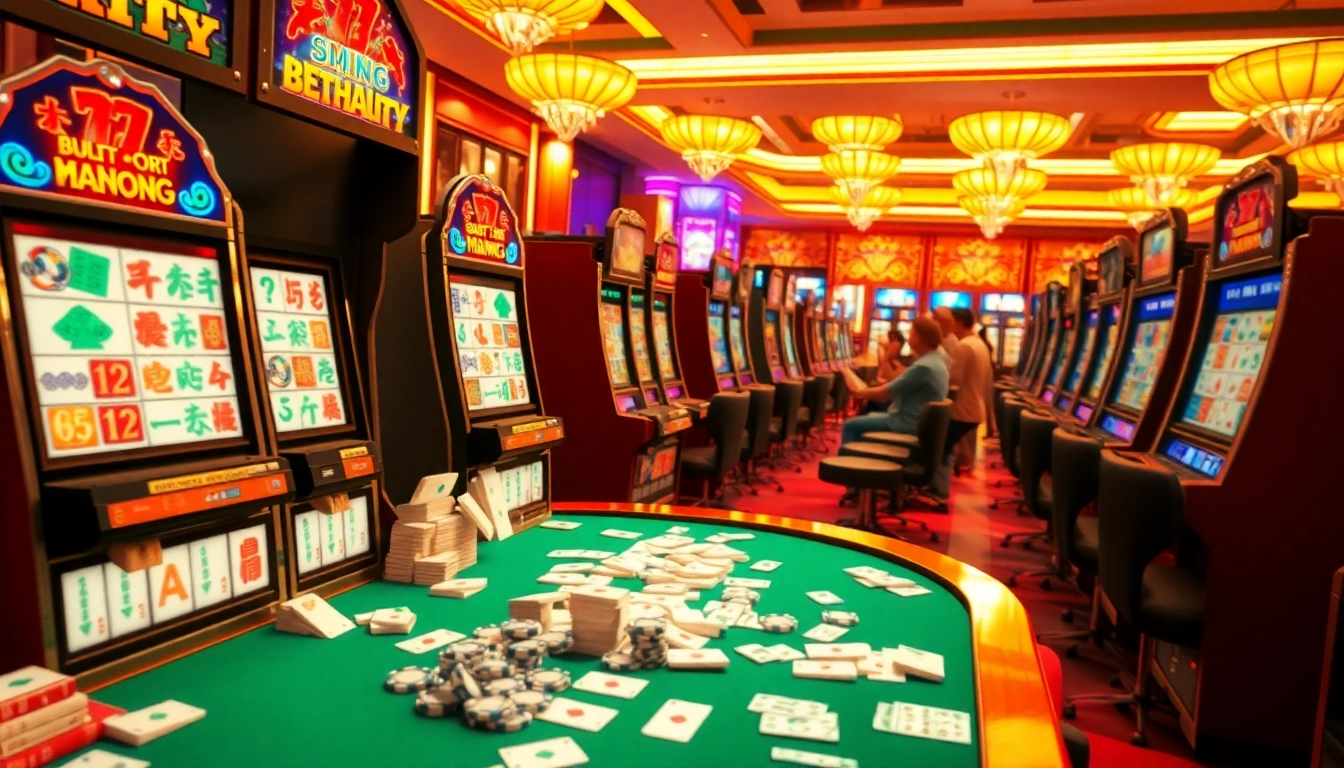 Players enjoying the slot demo mahjong at vibrant casino machines, spinning for big wins.