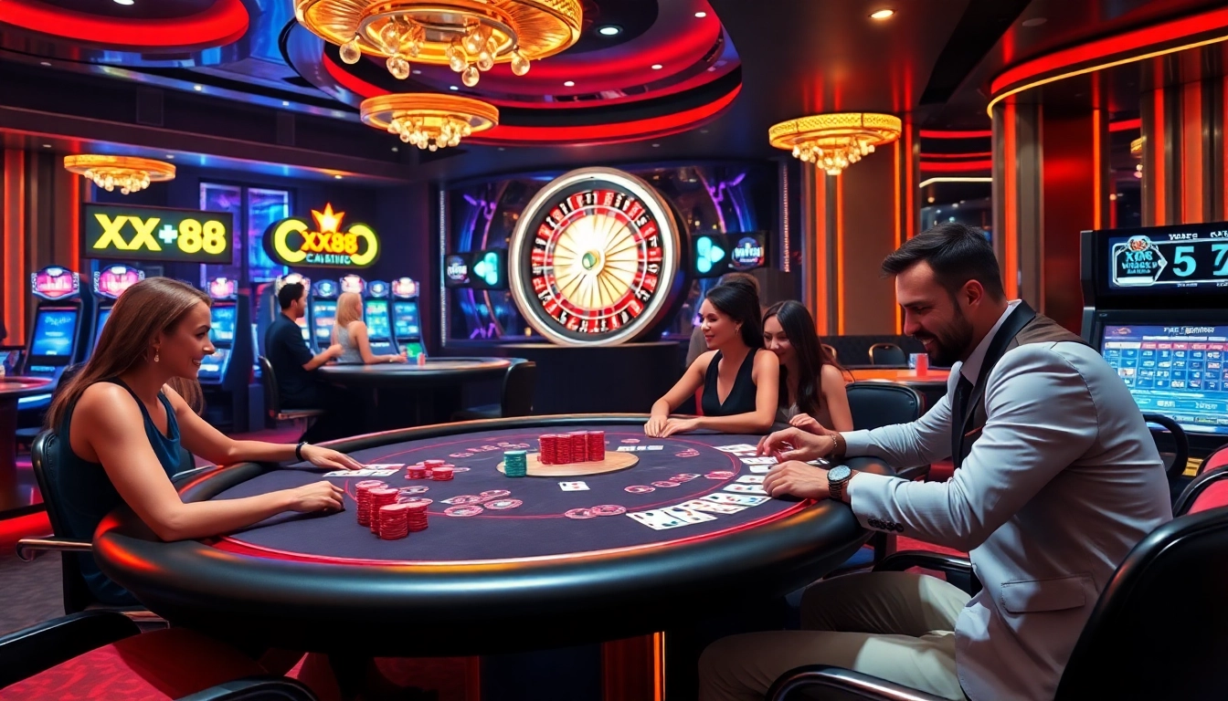 Experience the excitement of XX88's luxurious casino atmosphere with players at a poker table.