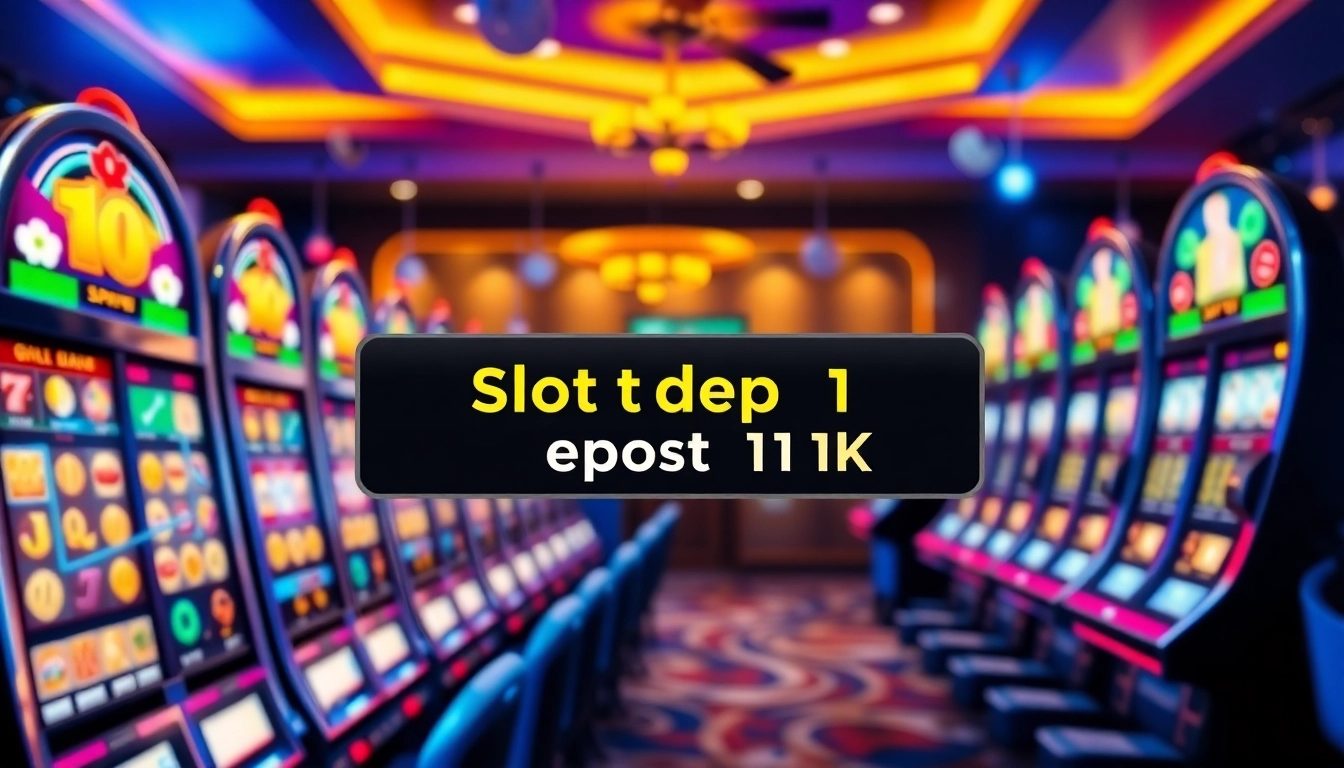 Menyajikan fitur slot depo 1k dengan slot machine berwarna-warni dan tombol deposit di latar belakang.