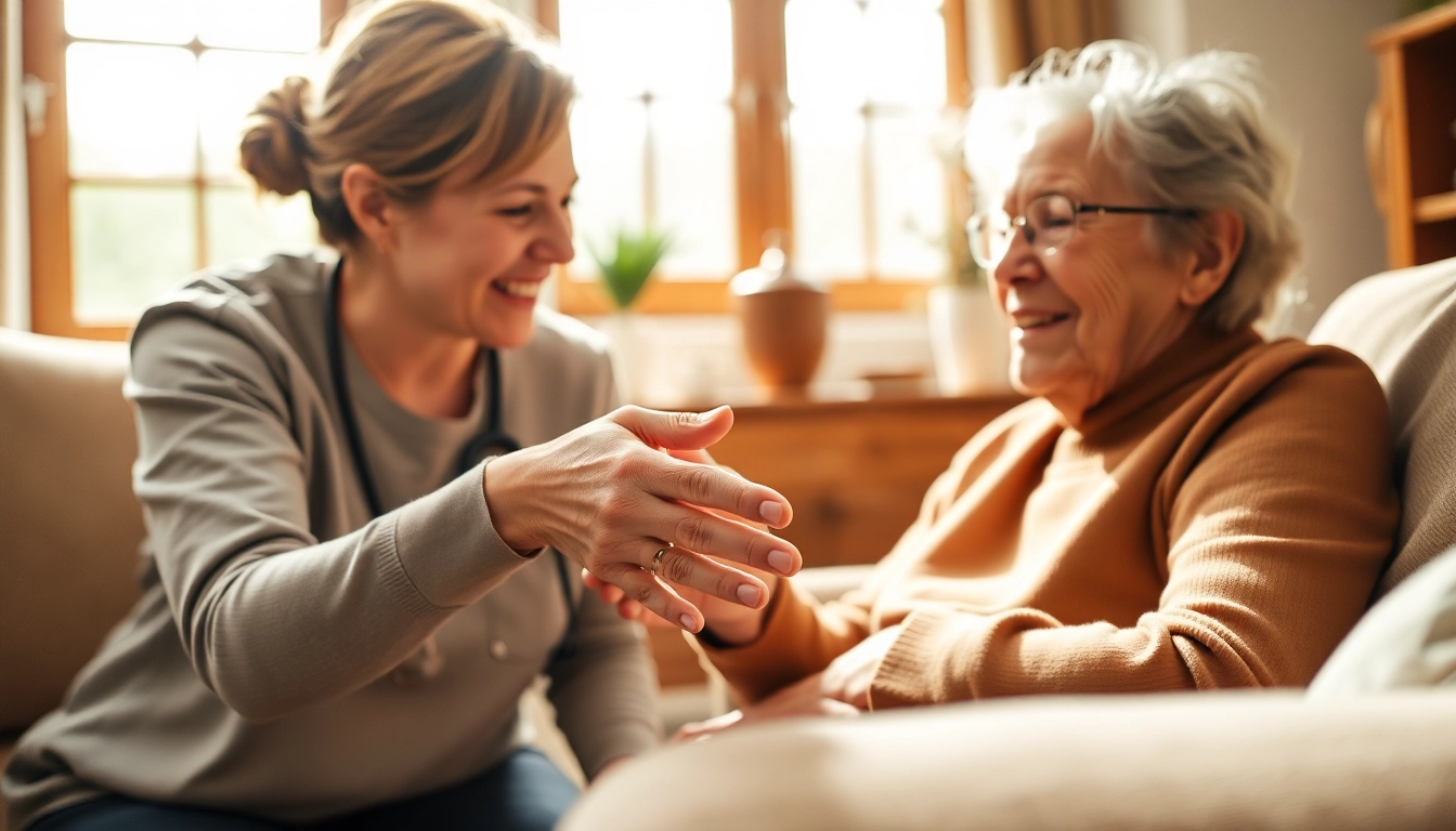 Quality austin senior home care depicted through a compassionate caregiver assisting an elderly client at home.