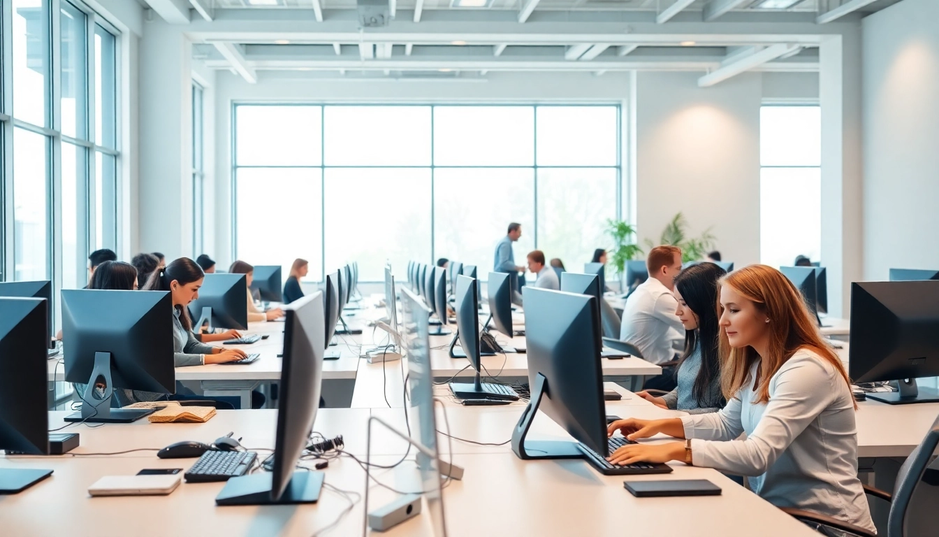 Professionals collaborating at a vibrant typing center showcasing efficiency and teamwork.