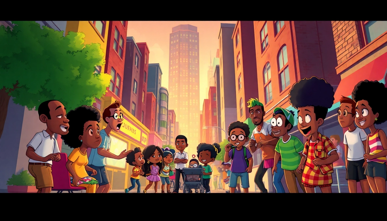 A dynamic collage of African American Cartoons showcasing iconic characters interacting in a vibrant urban setting.