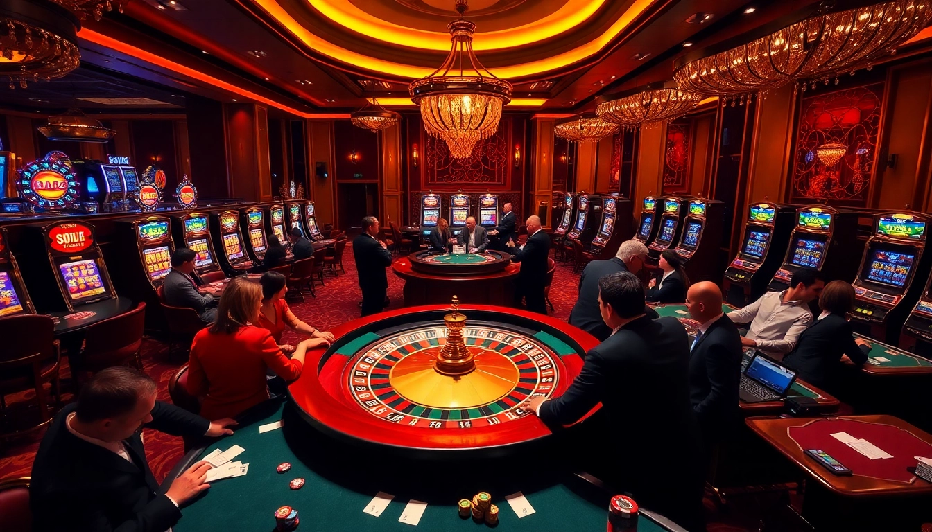 Une atmosphère de jeu captivante dans un meilleur casino en ligne avec des tables de poker et des roues de roulette.