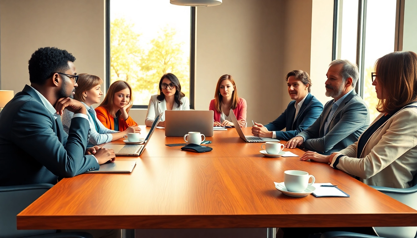 Engaged leaders discussing Corporate Ethics in a modern conference room, representing collaboration and trust.