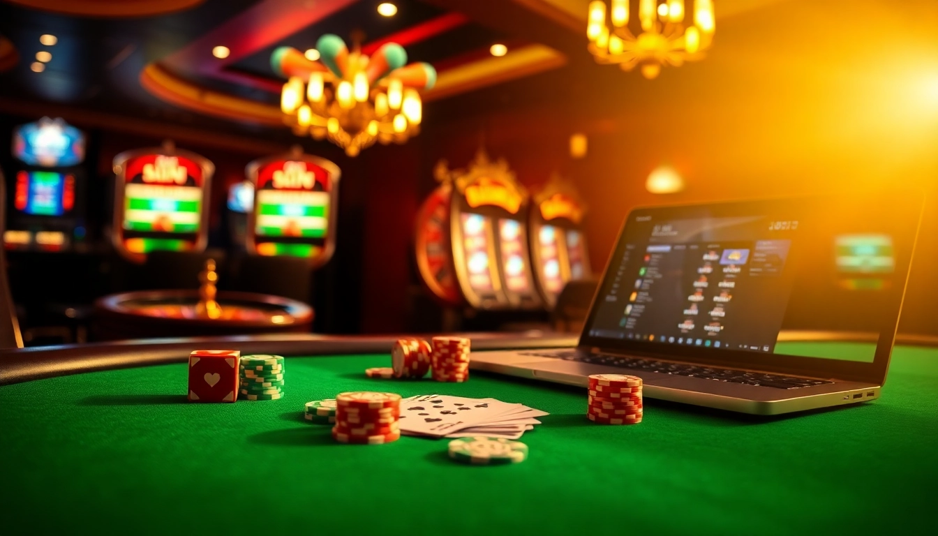 L'excitation du casino en ligne France : une table de poker vibrante avec des jetons et des cartes, entourée de machines à sous et de roulette.