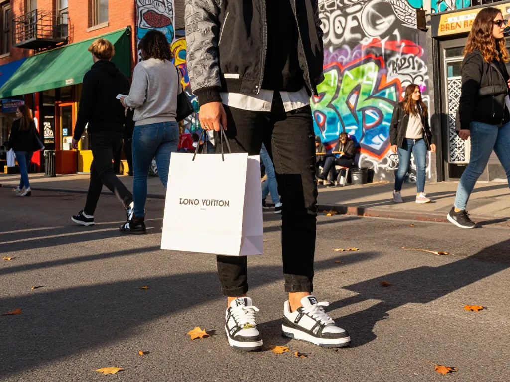 Stylish model showcasing 레플리카 sneakers in a vibrant urban setting.