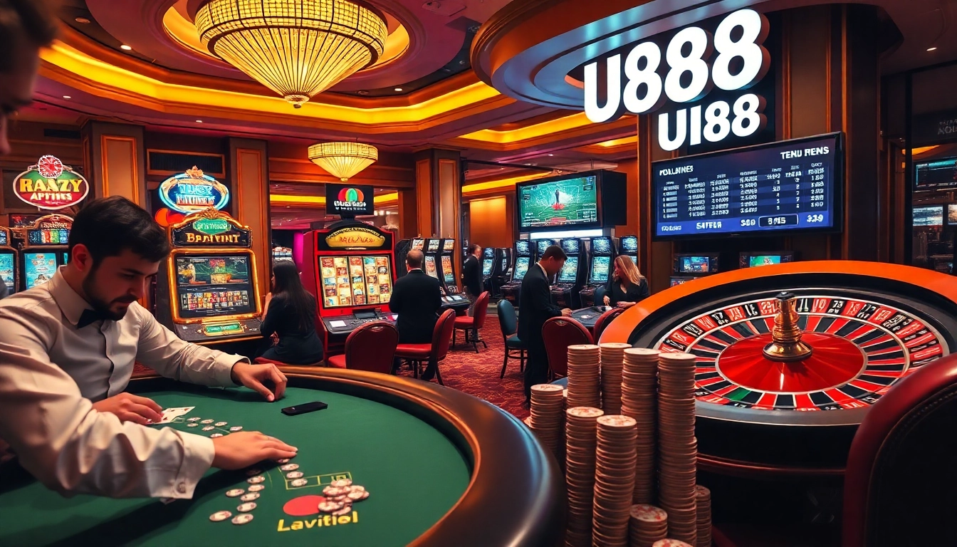 U88 online casino scene with vibrant gaming elements and professional dealers.