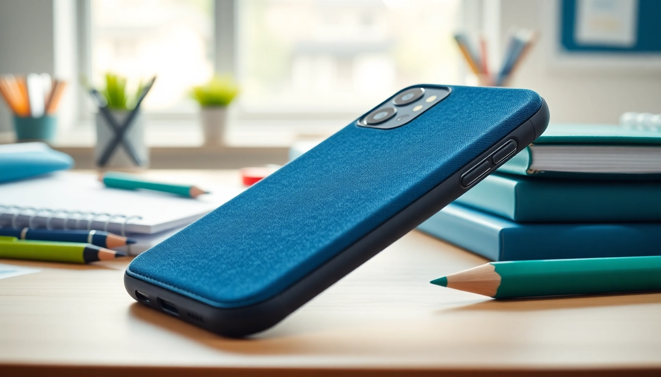 Hochwertige Handytasche Lehrer auf einem Schreibtisch mit Bildungsunterlagen.