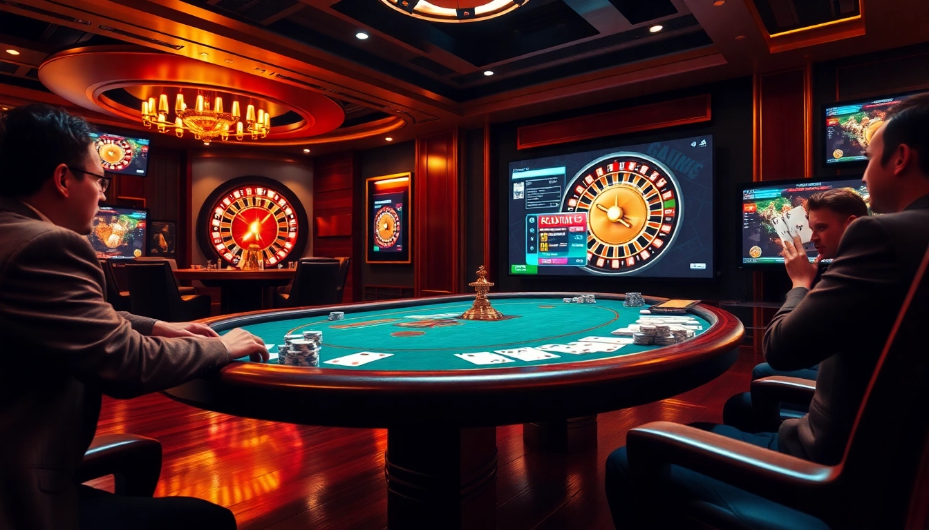 Vivez l'excitation du casino en ligne France avec une table de poker luxueuse et une roue de roulette vibrante.