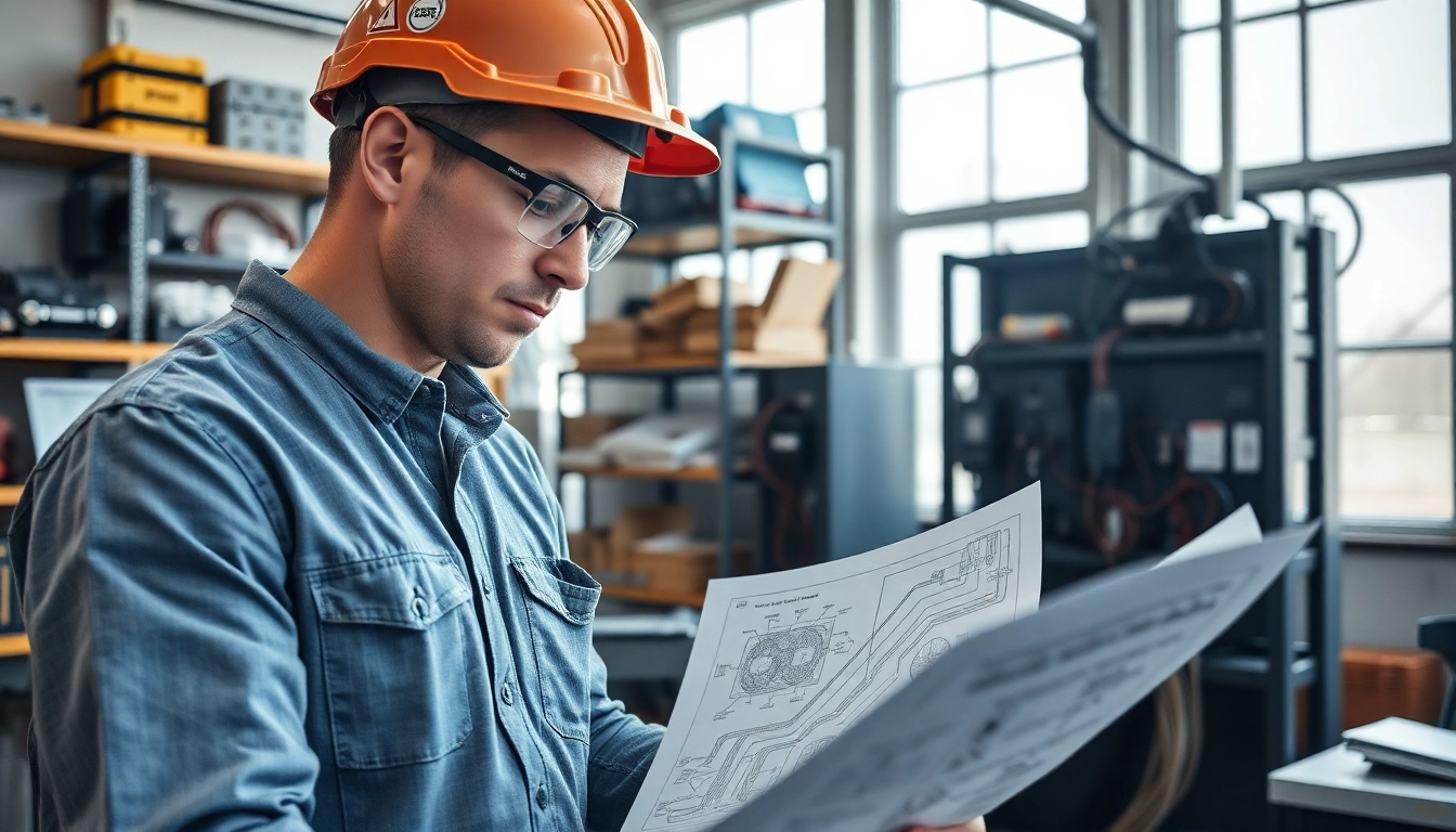 Electrician engaged in electrical apprenticeship, studying wiring diagram with tools.