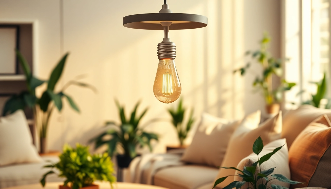 Bright a19 led bulb illuminating a cozy living room with warm light and inviting decor.