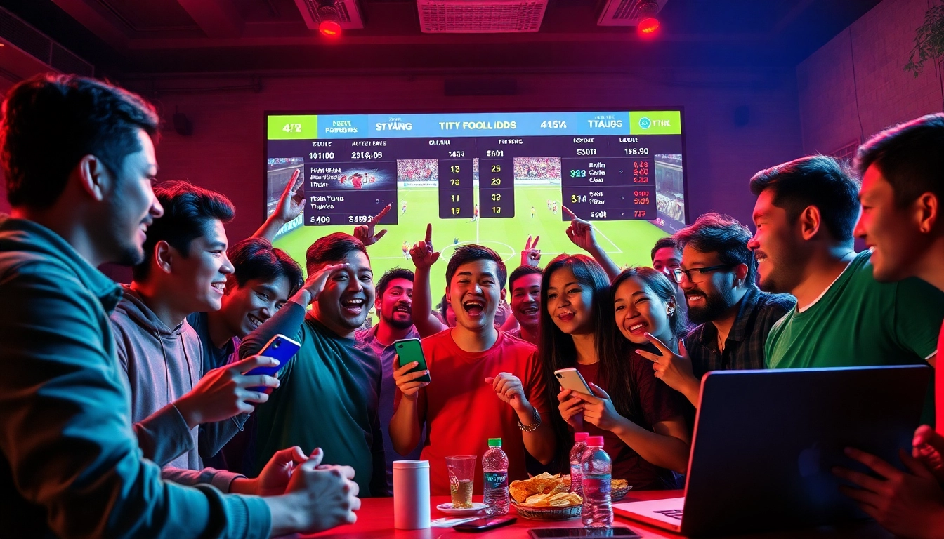Excited fans watching live football matches while checking tỷ lệ kèo updates on screens.