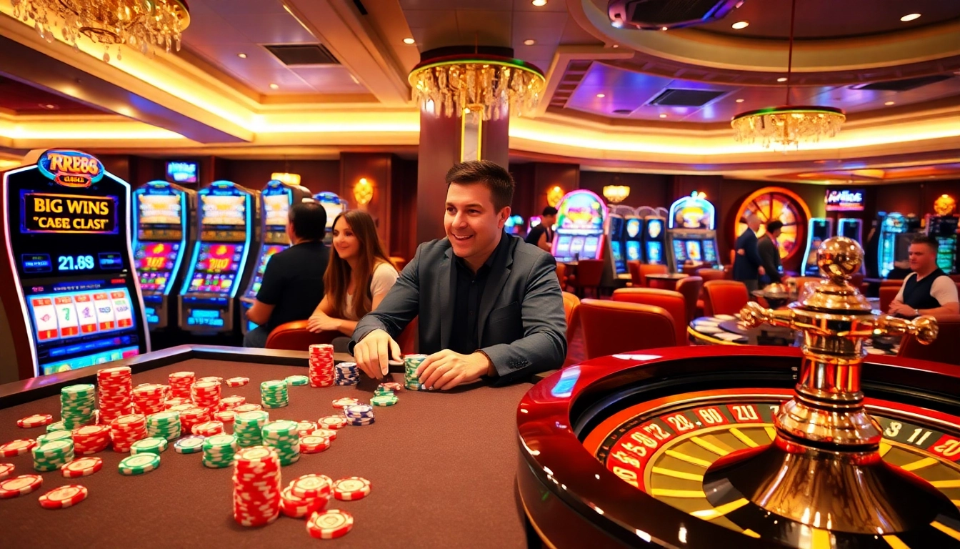 Players enjoying a thrilling gambling experience at RR88, featuring vibrant slot machines and a roulette wheel.