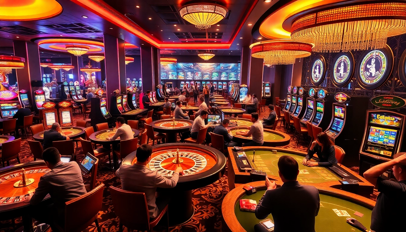 Une scène de casino dynamique mettant en avant des joueurs aux tables et aux machines, soulignant l'excitation de jouer dans un casino en ligne en France.
