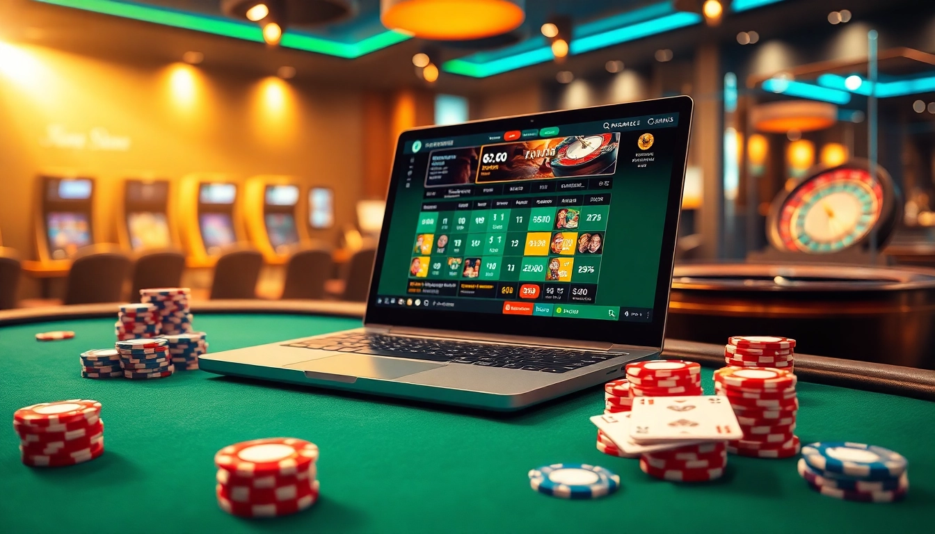Scène captivante de casino en ligne avec des jetons de poker et une interface de jeu en ligne dynamique