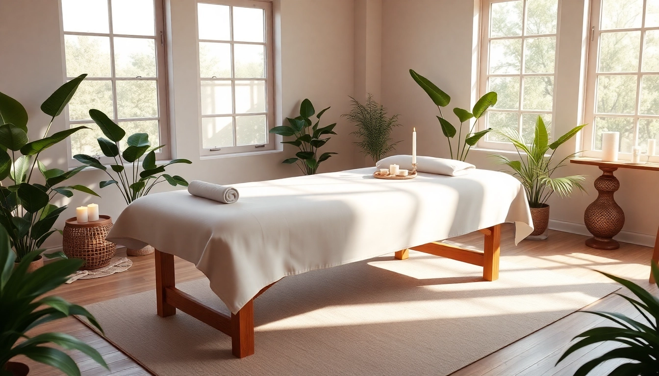 마사지 치료를 위한 편안한 마사지 치료실, 자연광과 편안한 장식이 특징입니다.