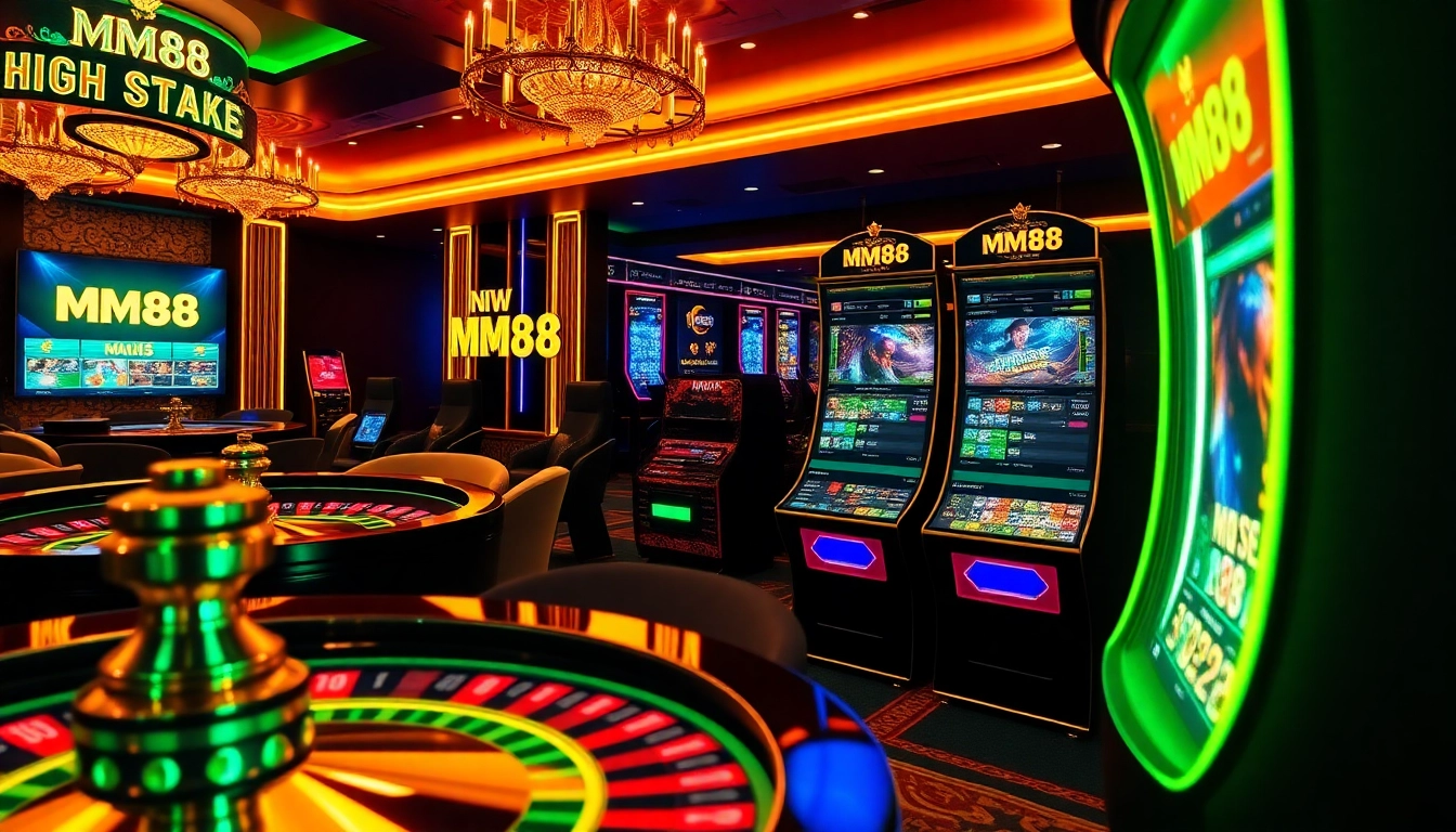 Experience the thrill of MM88 with a luxurious online casino scene featuring vibrant poker chips and a roulette wheel.