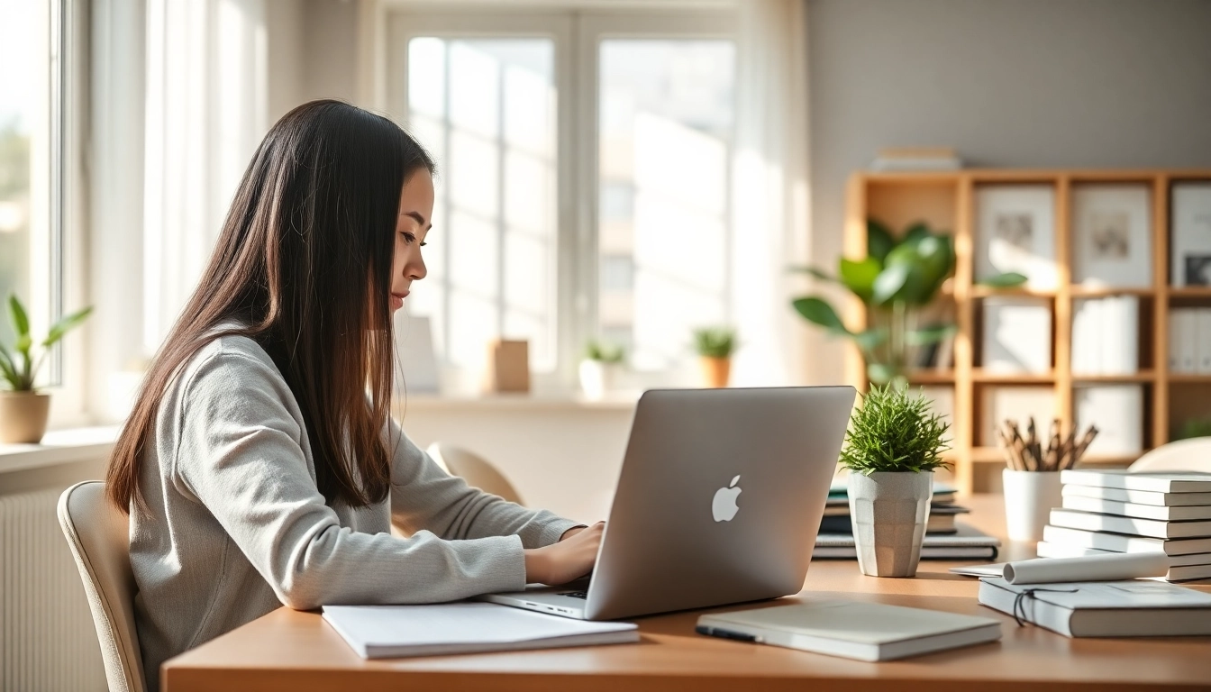 Engaged student receiving online exams help in a bright, organized study area.
