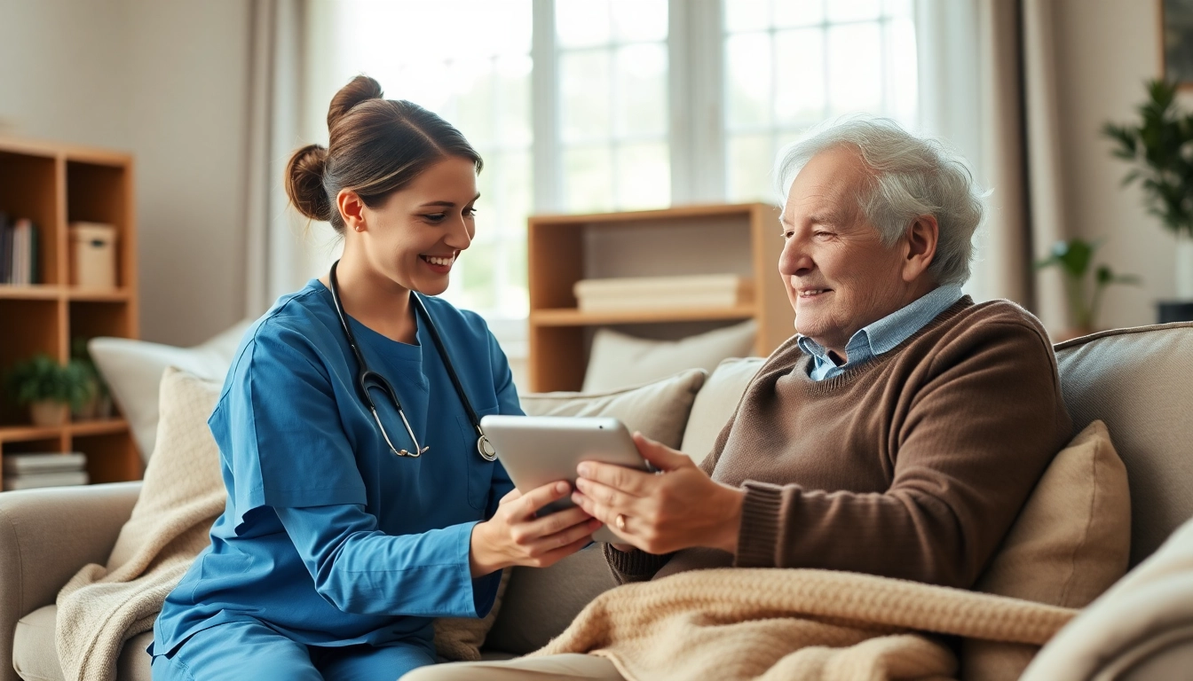 Engaging in at home health care, a caregiver assists an elderly person using a tablet in a warm living room.