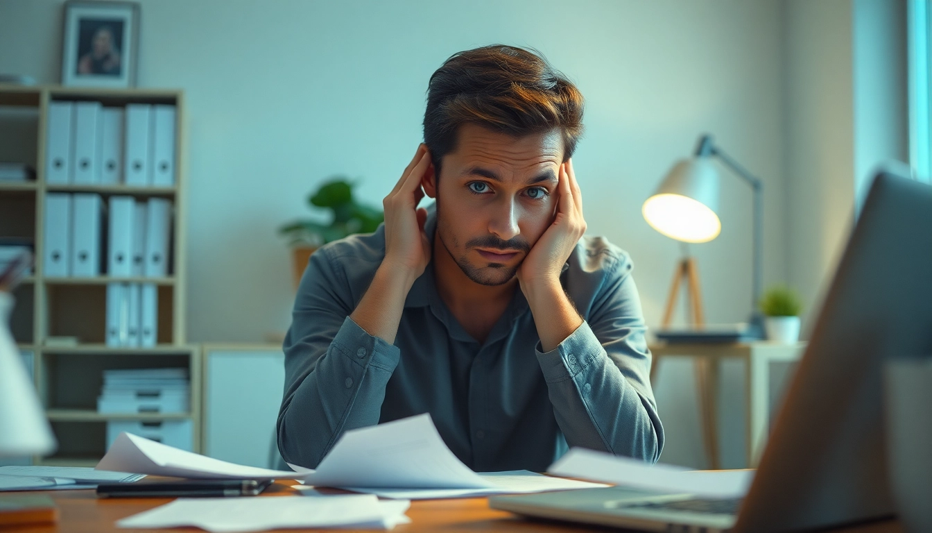 Anxiety symptoms illustrated through a concerned individual at their desk, highlighting emotion and environment.