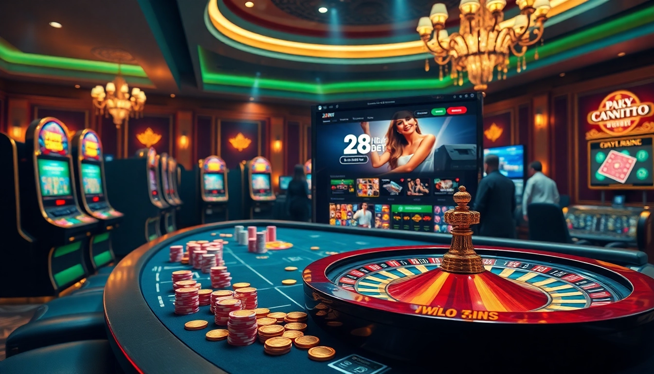 Engaging online betting action at nhà cái 28bet with poker chips and vibrant casino elements.