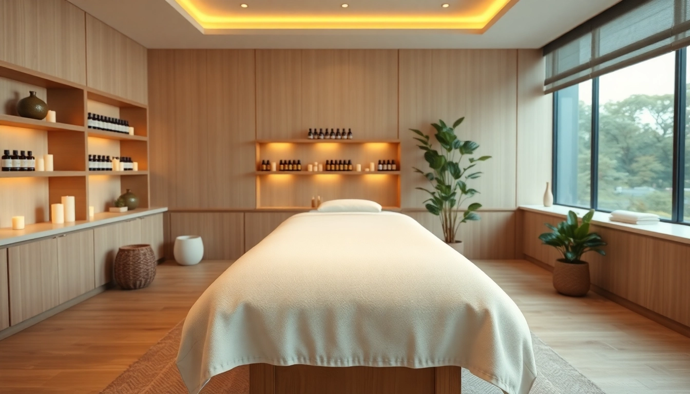 분위기 조명과 차분한 장식이 있는 마사지 치료실.