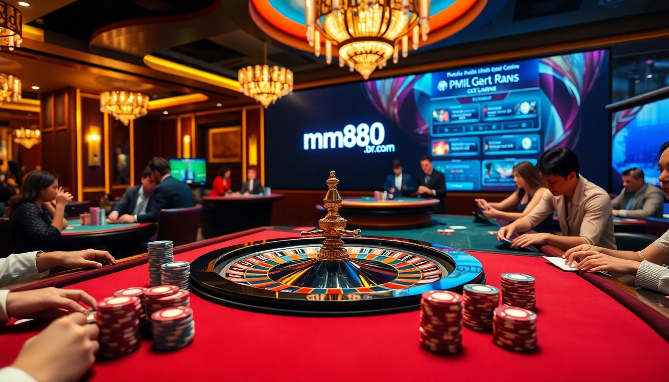 Experience thrilling games at mm88.br.com with a lively casino atmosphere showcasing roulette and playing cards.