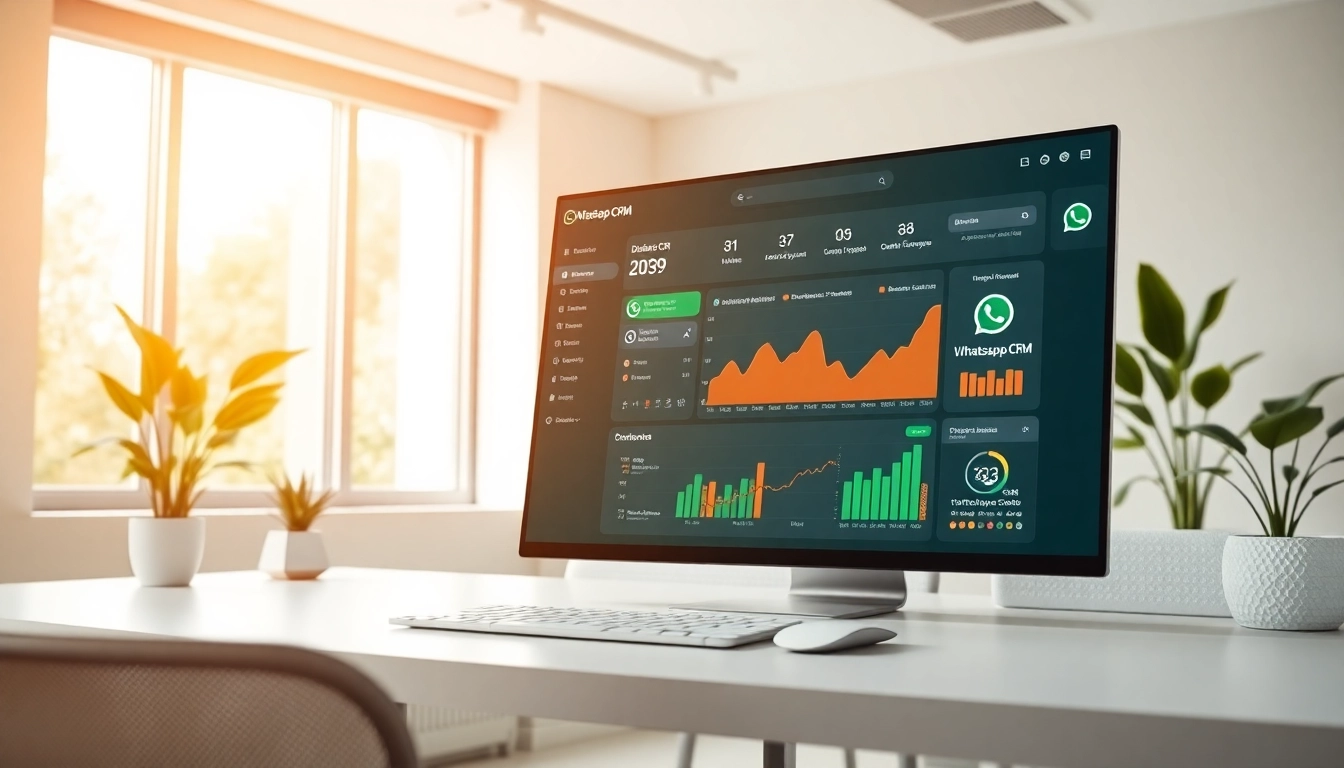 Engaging WhatsApp Business CRM dashboard in a modern workspace, showcasing analytics and user interactions.