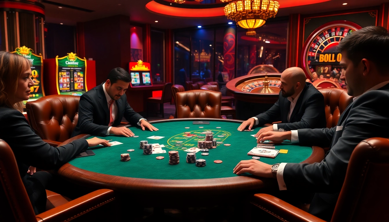 Participez à un gameplay palpitant dans un casino en ligne de luxe avec des tables de poker et des machines à sous vibrantes.