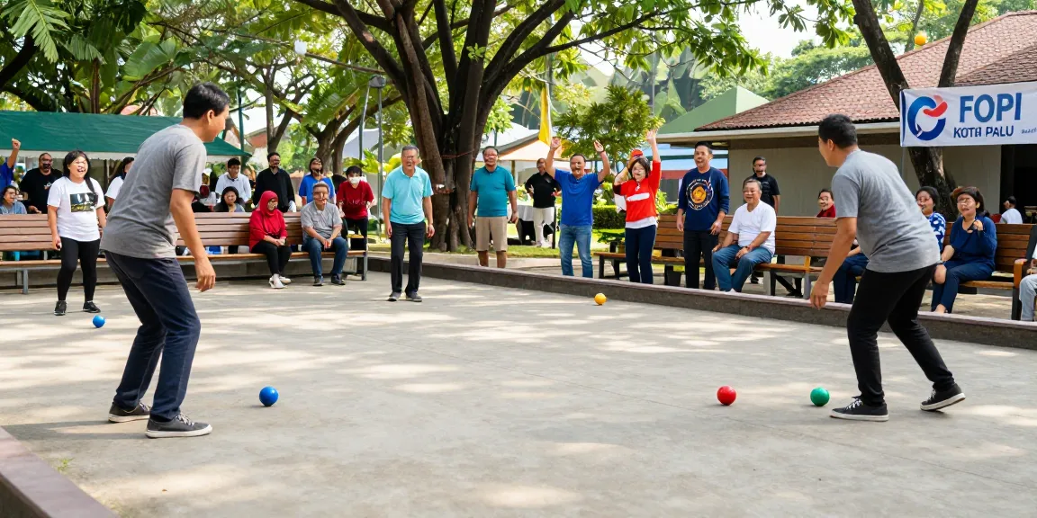 Aktivitas di lapangan petanque FOPI Kota Palu, menampilkan permainan seru dengan bola petanque berwarna, penonton antusias, suasana hangat dan ceria.